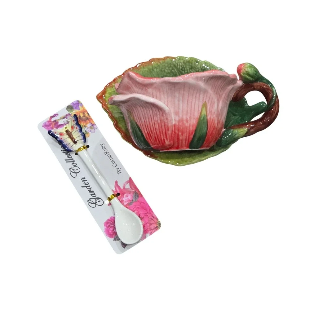CornerRuby Garden Collection Pink Rose Tea‎ Cup Leaf Saucer Butterfly Spoon Set